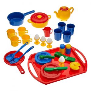 Dantoy A/S Geschirrset 57tlg. | aus Kunststoff | ab 3 Jahren | Kinder K?chengeschirr – Tablett | Besteck, Topf, Pfanne, Salzstreuer, Eier uvm.v |