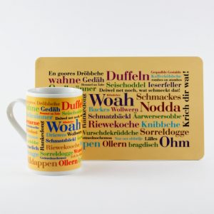 Frühstücksbrettchen und Kaffeebecher Siegerländer Wörter (2er Set) | WOLL Onlineshop