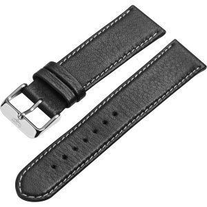 Watch band – Fine-pored, smooth leather strap with pin buckle, black – 20 mm