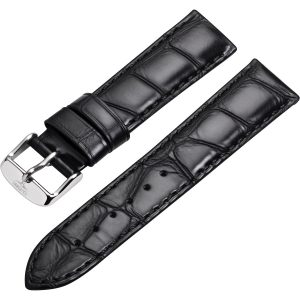 Watch strap – High-quality leather strap in crocodile look with pin buckle, black – 16 mm