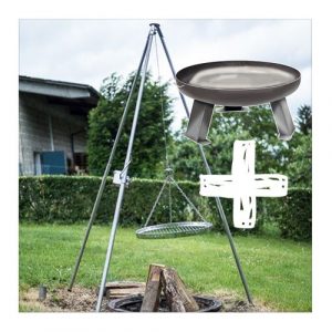 Edelstahl Dreibein Grill Set, Rost und Feuerschale – Edesltahl Grillrost Eisen Feuerschale mit Griffen + Standbeine – Dreibein mit Rostgröße 50cm |