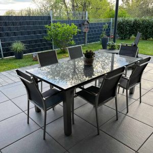 Edelstahltisch “Ehrenburg” mit 3 cm Granitplatte “BluePearl” | Waldiger