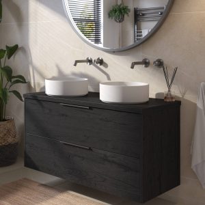Saqu Lima vormontiertes Badmöbel inkl. Abdeckplatte mit Graphitgriff 120 cm Eiche Schwarz | Saniweb