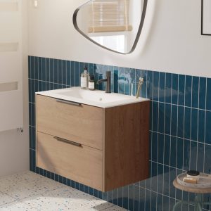 Saqu Lima vormontiertes Badmöbel mit mattschwarzem Griff inkl. mattem Keramikwaschbecken 81x46cm Toffee | Saniweb