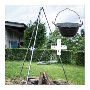 Dreibein Grillgestell mit Topf und Rost – Edelstahl Grillrost – Emaille Topf Das Perfekte Schwenkgrill Set – Rostgröße 50cm | Schwenkgrill Shop