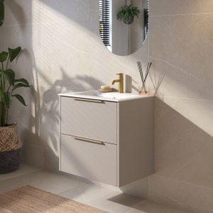 Saqu Lima Badezimmermöbel-Set inkl. Keramikwaschbecken 61x46cm Matt Greige mit Messinggriff | Saniweb