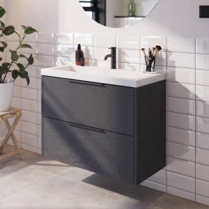 Saqu Lima Badezimmermöbel-Set inkl. mineralgegossenem Waschbecken 80x40cm Schwarz Gebrannt mit matt schwarzer Griffleiste | Saniweb