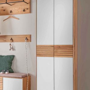 Dielenschrank Riva in Wildeiche geölt mit eleganter Holz-Weißglas-Kombination | massive-naturmoebel