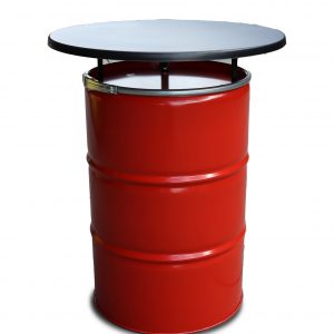 Rotes Ölfass Stehtisch aus schwarzem Metall mit schwarzem Deckel 200-Liter-Fass | Barrelkings.com