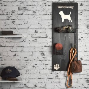 Hundegarderobe Holz 30x80cm “HUNDEZEUG” mit Haken und Körben (Beagle) – Raumzutaten.de | Online Shop | raumzutaten