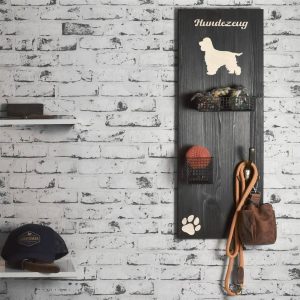 Hundegarderobe Holz 30x80cm “HUNDEZEUG” mit Haken und Körben (Cocker Spaniel) – Raumzutaten.de | Online Shop | raumzutaten