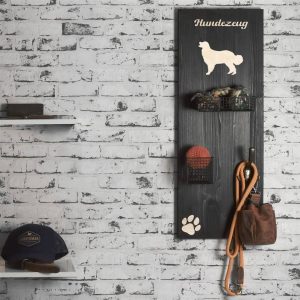 Hundegarderobe Holz 30x80cm “HUNDEZEUG” mit Haken und Körben (Landseer) – Raumzutaten.de | Online Shop | raumzutaten