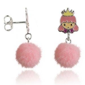Kinderohrstecker 925 Sterling Silber mit Prinzessin und Puschel in pink | Mein-Ohrstecker