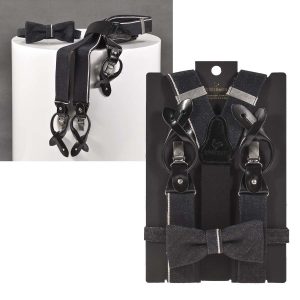 Sir Redman Hosenträger Vintage mit Fliege Set Herren Denim 35mm breit “Candiani”, Y-Form, für Jeans, mit Lederschlaufen zum Knöpfen und Clips, schwarz