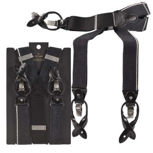 Sir Redman Hosenträger Herren Vintage Style für Männer “Candiani” Denim mit Lederschlaufen für Knöpfe und Clips, Y-Form, Black Jack schwarz | Ordnung