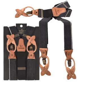 Sir Redman Hosenträger Herren Vintage Style für Männer “Candiani” Denim mit Lederschlaufen für Knöpfe und Clips, Y-Form, Natural Nick schwarz natur |