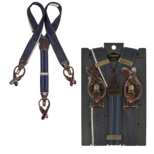 Sir Redman Hosenträger Herren Vintage Style für Männer “Candiani” Denim mit Lederschlaufen für Knöpfe und Clips, Y-Form, Selvedge Sunday blau braun |