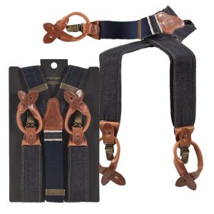 Sir Redman Hosenträger Herren Vintage Style für Männer “Candiani” Denim mit Lederschlaufen für Knöpfe und Clips, Y-Form, Sturdy Stitch blau mit cognac