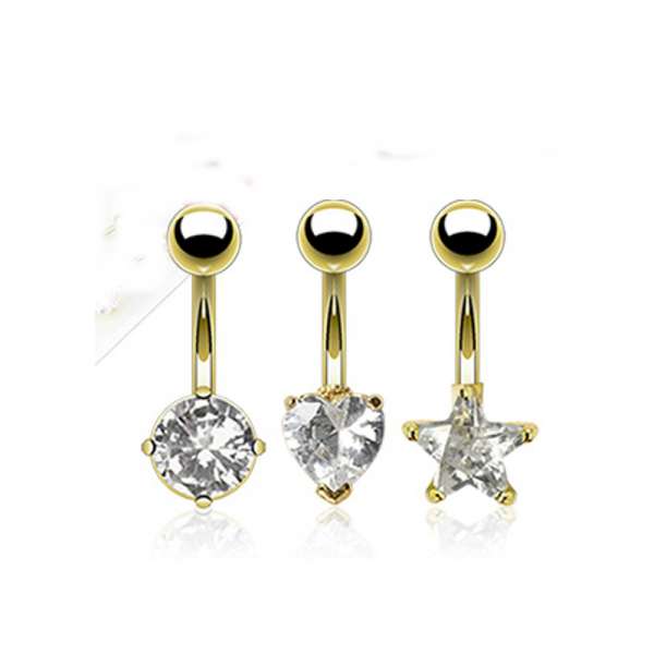 3er Set Bauchnabelpiercing Gold PVD Zirkonia Stern Herz | cristal-jewelry